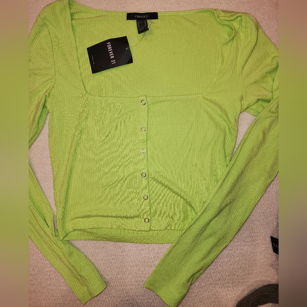 Forever 21 Neon Green Ribbed Button-Up Long Sleeve Top